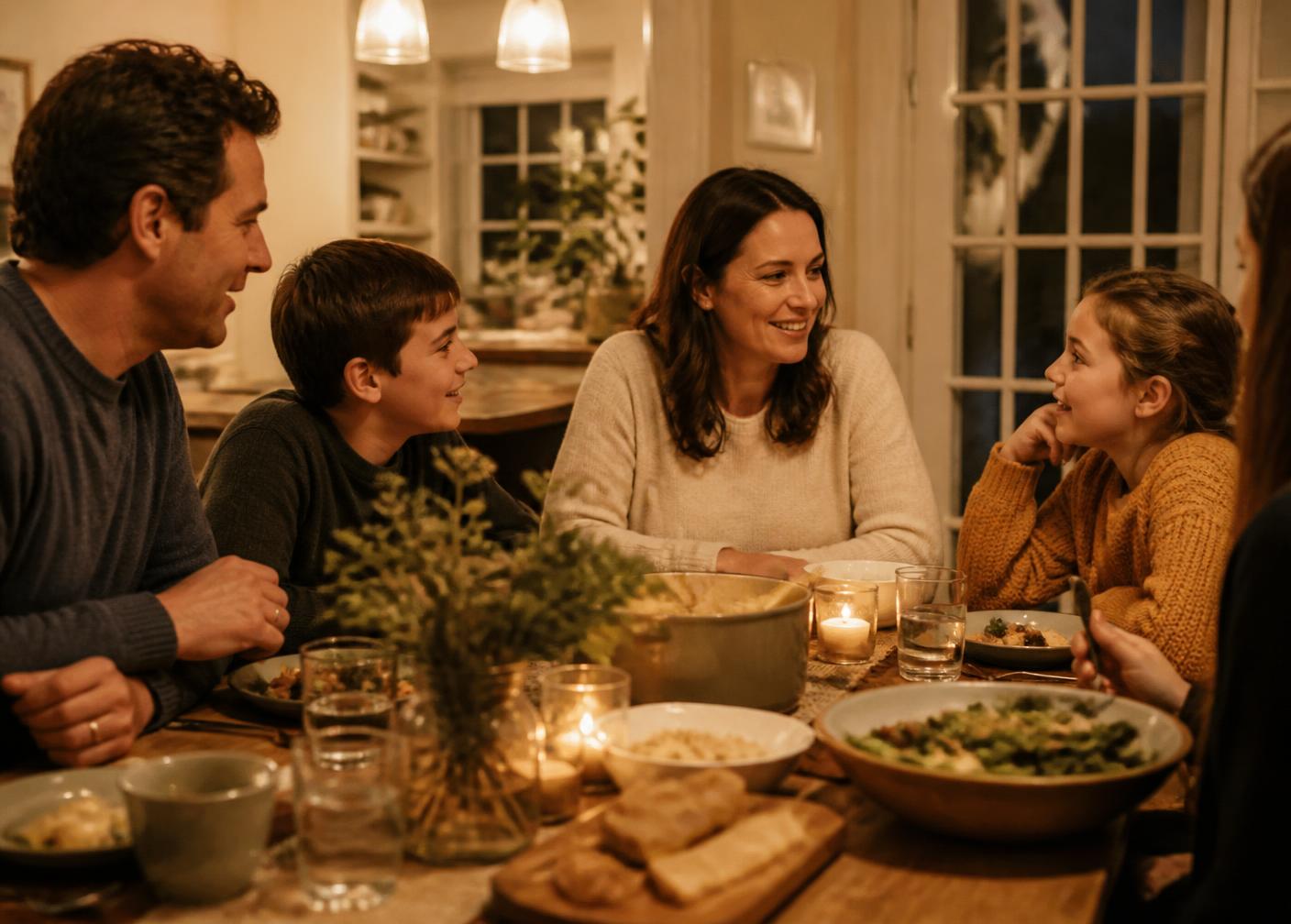 A family eating dinner together at home in warm evening light