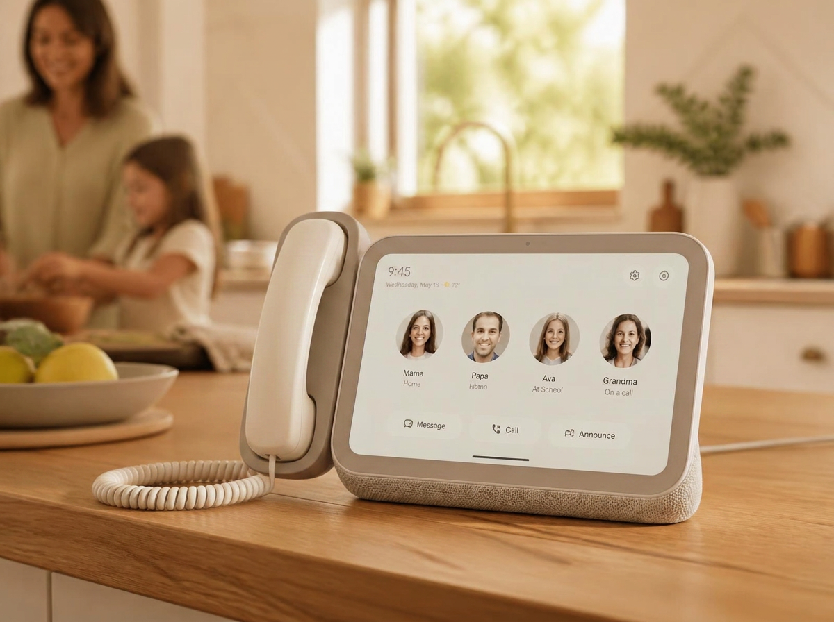 The HomeLine family phone with a corded handset resting on a kitchen counter