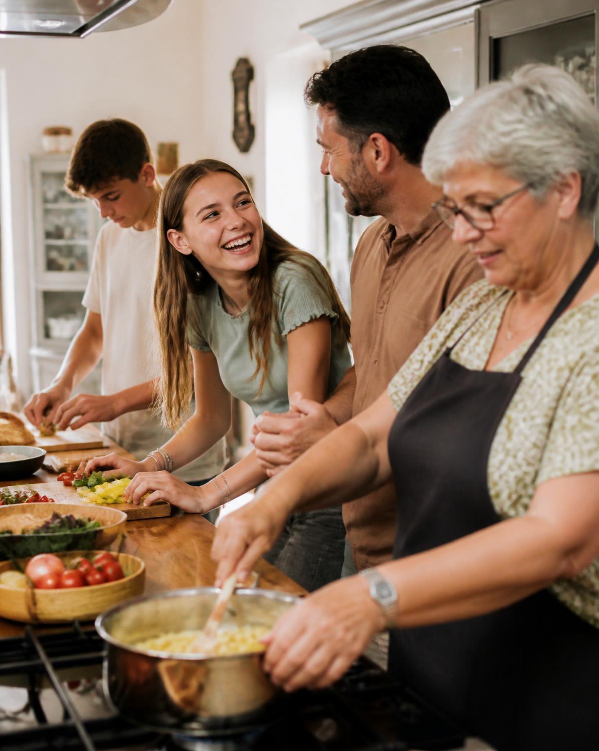 A family cooking dinner together in the kitchen