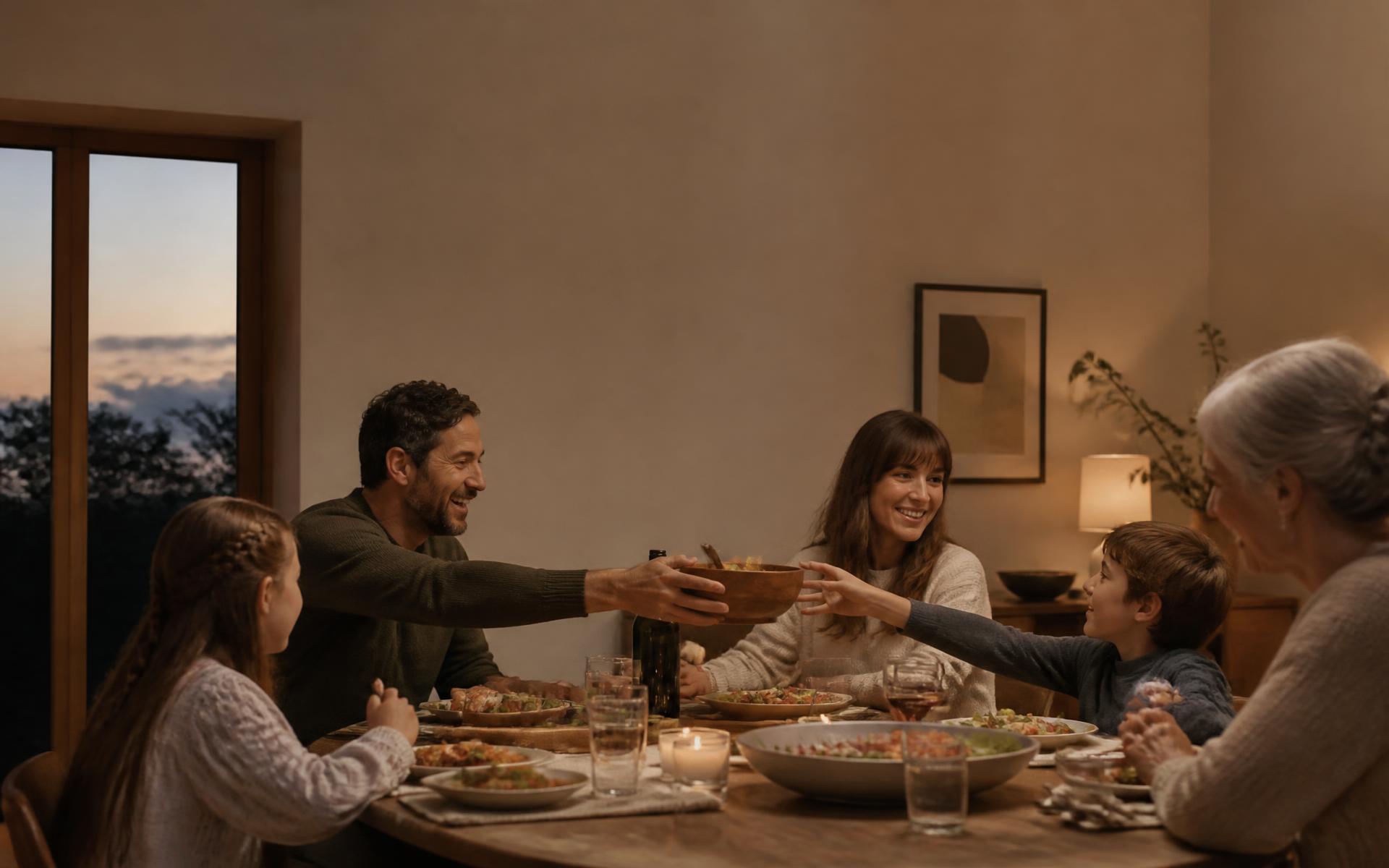 A family sharing dinner together at dusk