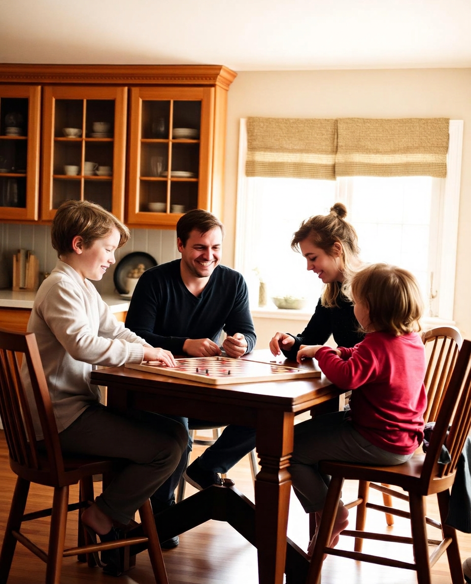 A family playing a board game together at the kitchen table