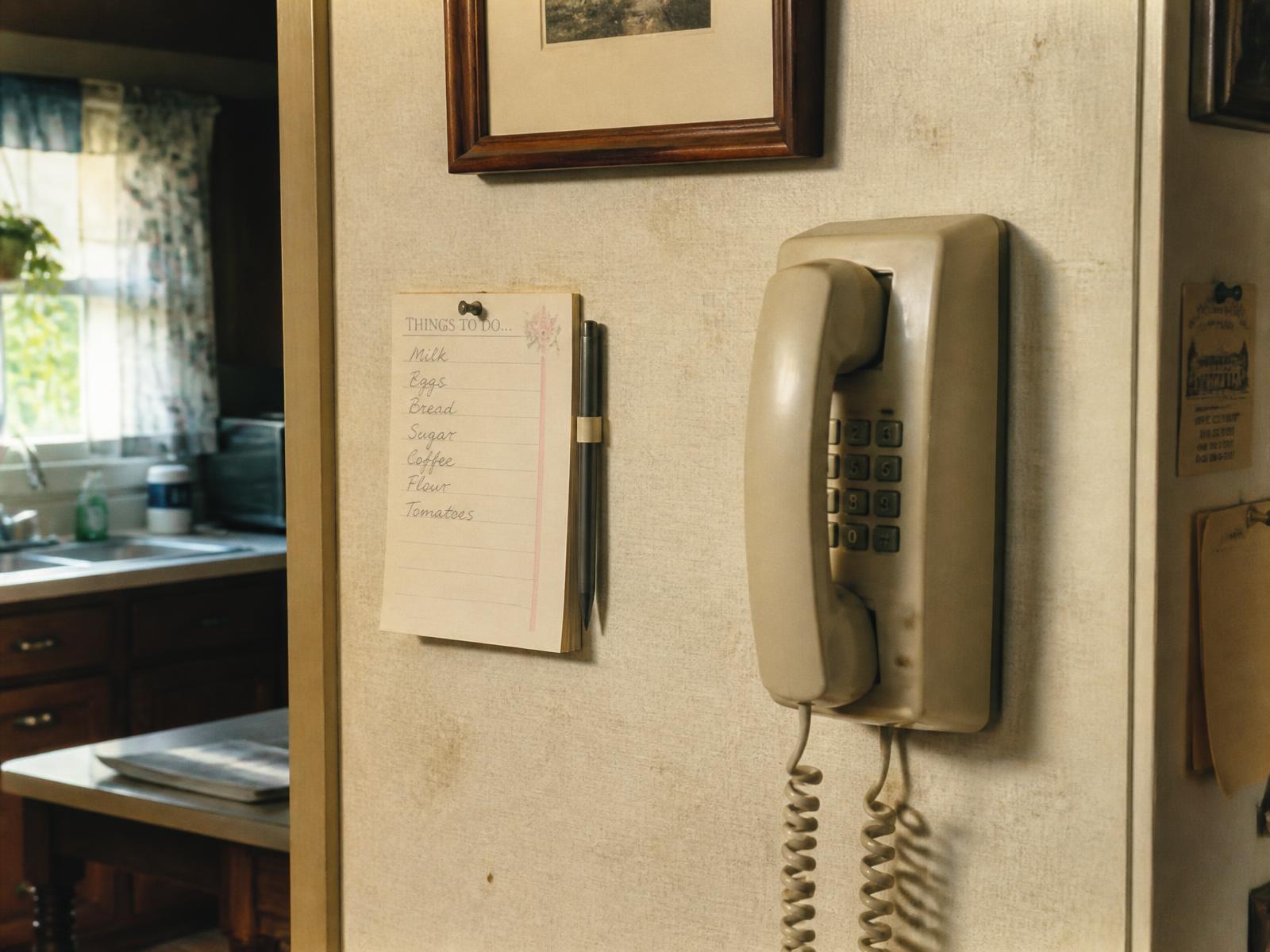 A beige corded landline telephone on a kitchen wall