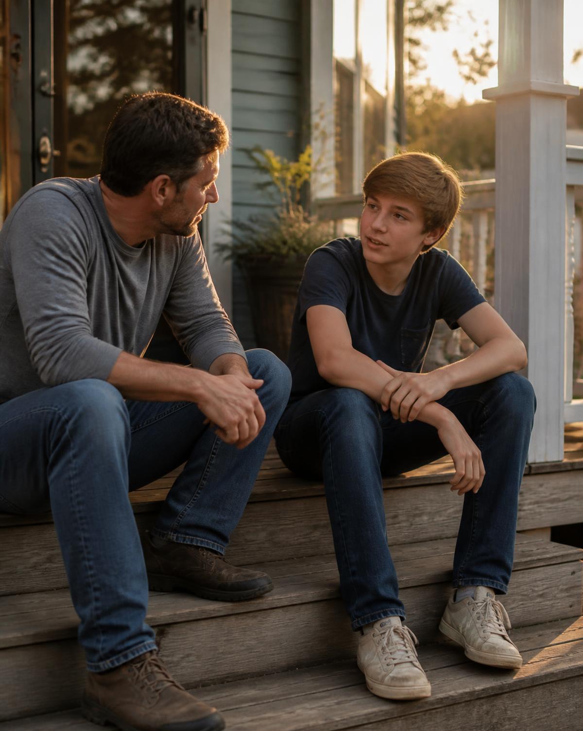 A parent and teen talking on the porch steps