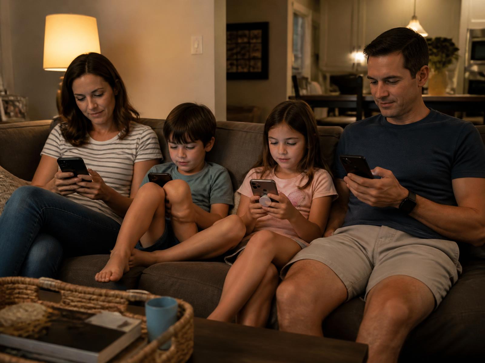 A family on the couch together, each on their own phone